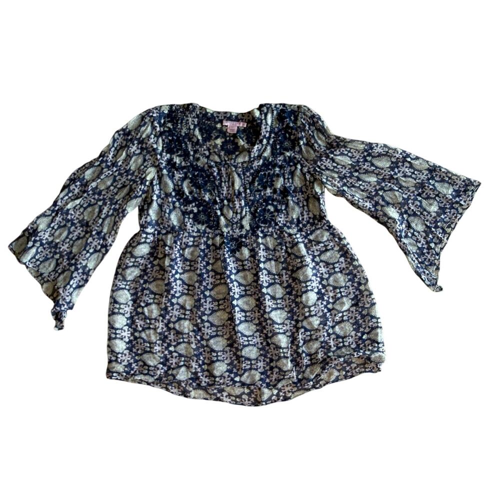 Calypso St Barth Small Navy Blue Paisley 100% Silk Embroidered Bell Sleeve Tunic